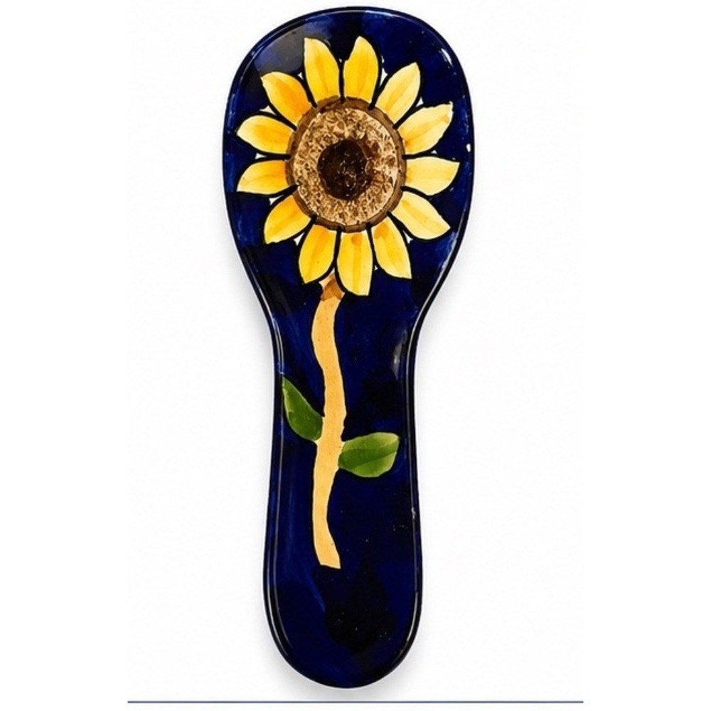 Hand Painted Ceramic Sunflower Spoon Rest Cobalt Blue Floral Kitchen Decor